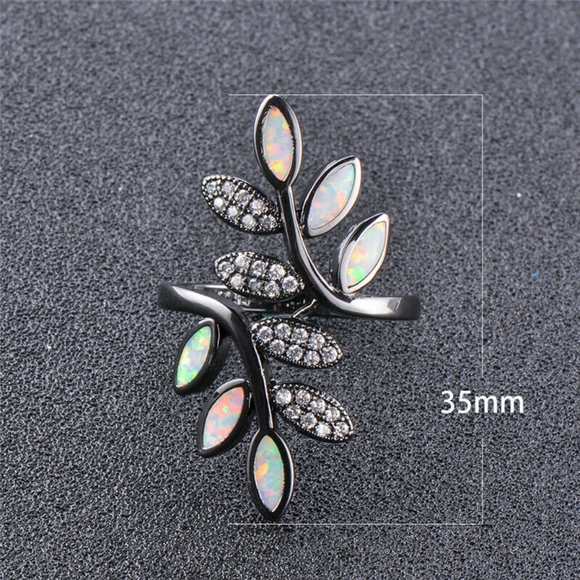 Black Gold Filled White Opal Leaf Ring - Picture 2 of 5
